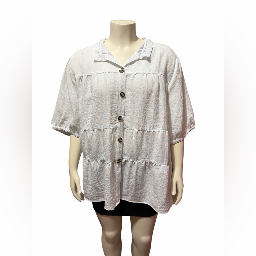 John Mark Plus Sz 3X White Tiered Button Front Blouse Top Boho Oversized Shirt
